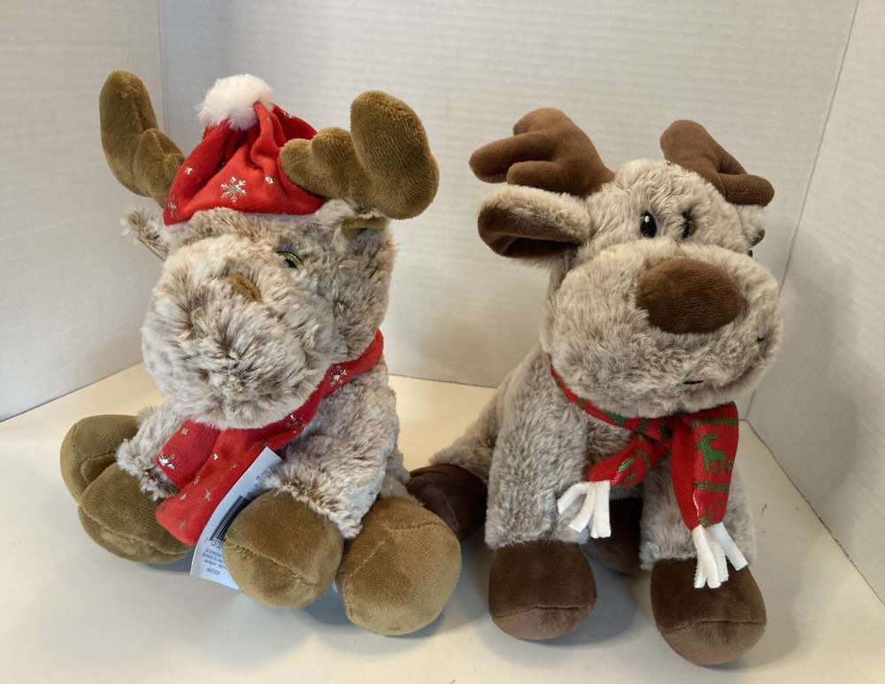 Christmas Plush Reindeer Stuffed Animals (2) Red Scarf Soft 11" Tall Each